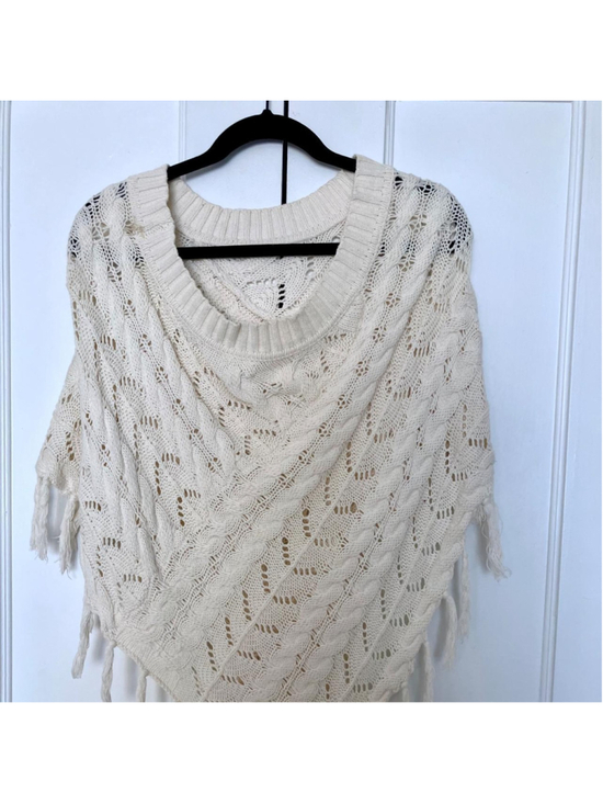 Mudd Sweaters - Mudd Cozy Boho Cream Knit Fringed Poncho (OS)